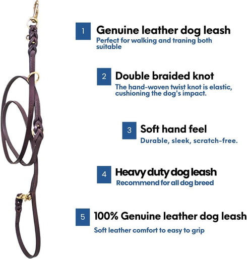 Multi Function 8ft Leather Dog Leash, Genuine Hands Free Training Leash for Small, Medium, Large Dogs (Dark Brown)