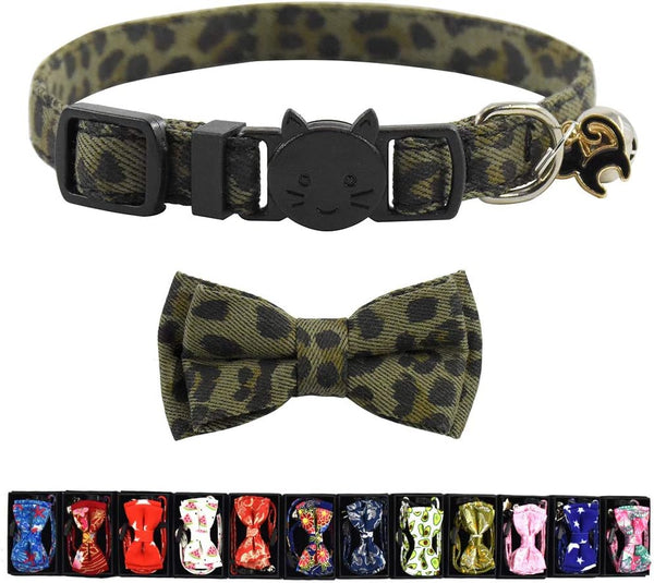 Cat Collar Breakaway with Bell and Accessories, Adjustable Printing Kitten Collar Bowtie for Kitty 19 Colors 7.5-11in