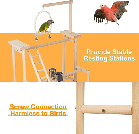 (3 Pet Parrot Playstand Parrots Bird Playground Bird Play Stand Wood Perch Gym Playpen Ladder with Feeder Cups Bells