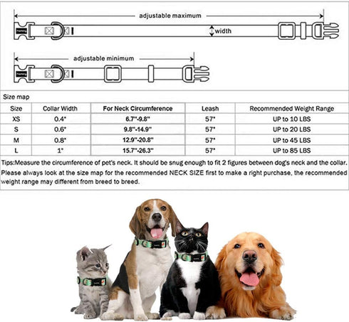 Ihoming Dog Collar and Leash Set, Floral GreenLake Design for Large Dogs Cats, Daily Outdoor Walking Training, L-Up to