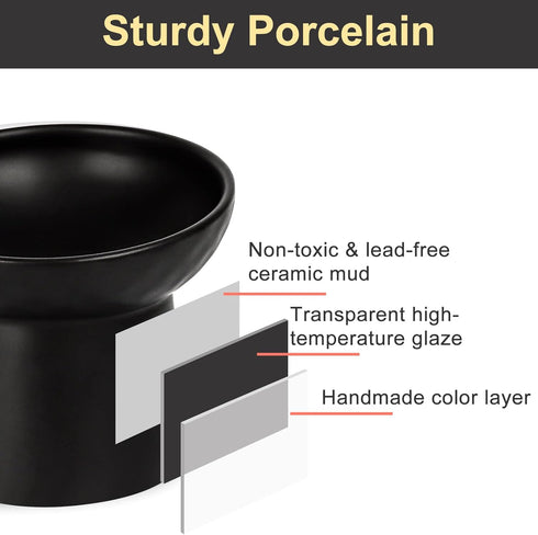 Elevated Cat Bowl Black, Tilted Angle Ceramic Food and Water Bowls for Cats and Small Dogs, 8 Ounces