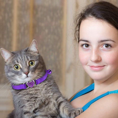 2 Pcs Adjustable Cat Collars with Heart Bling Breakaway and Bell (Pink+Purple) for Kitty
