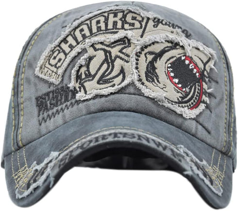 Vintage Denim Baseball Cap, Embroidered Shark 100% Cotton Trucker Hat, Retro Frayed Edge Outdoor Sunhat Unisex