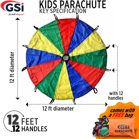 (12 GSi Kids Play Parachute Rainbow Parachute Toy Tent Game for Children Gymnastics Cooperative Play and Outdoor