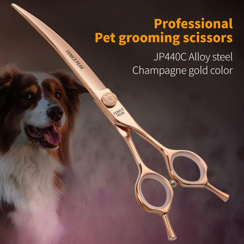 Fenice Peak Curved Dog Grooming Scissors, Champagne Gold 440C Stainless Steel, Professional Pet Cutting Shears for