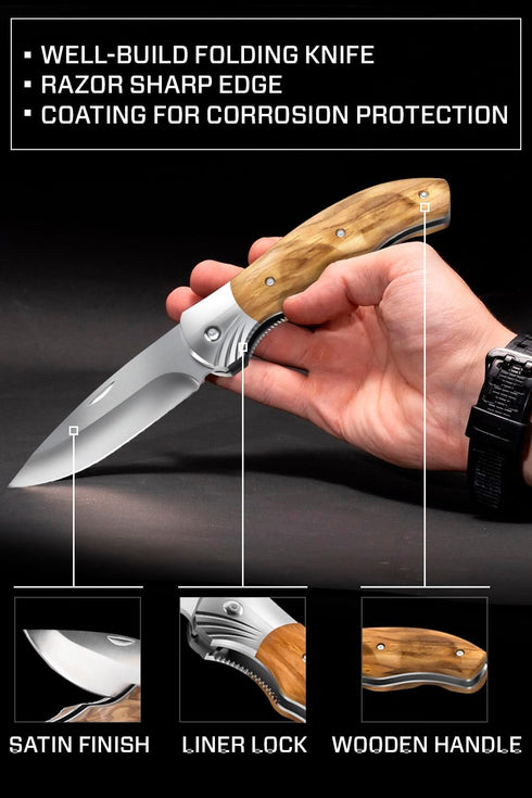 Gentleman’s Folding Pocket Knife - Sharp Blade with Wood Handle - Best Camping, Hunting EDC Gear - Birthday Christmas
