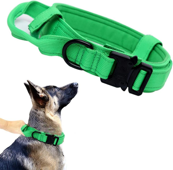 Tactical Dog Collar, Adjustable Military Dog Collar with Heavy Duty Metal Buckle and Handle for Training (Bright Green,