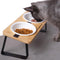 Elevated Cat Ceramic Bowls Stand for Food & Water, Anti-Vomit, Tilted Feeding Position, Bamboo Body Stand