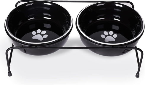 Porcelain Raised Cat or Small Dog Bowls - Heightened Metal Stand with Non-Slip Bottom, 15 Ounces (Black)