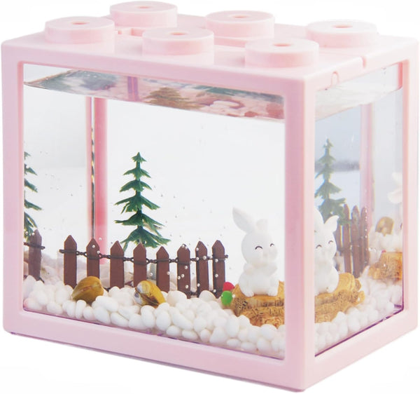 Small Betta Fish Tank, Stackable Mini Aquarium Kit with Gravel & Forest Micro Landscape, 0.6 Gallon (Pink)