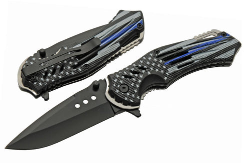 SZCO Supplies 8'' Police Flag Assisted Open Liner Lock EDC Folding Knife - Black/Blue (300552-PO)