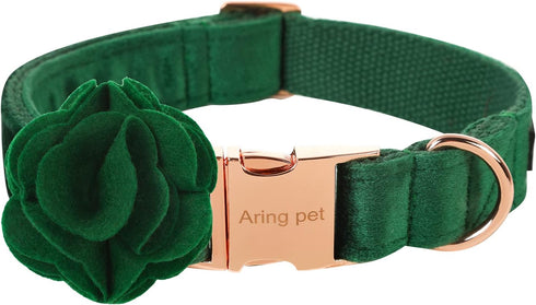 ARING PET Velvet Dog Collar - Cute Christmas Collar with Felt Flower, Adjustable Green Collar with Metal Buckle for
