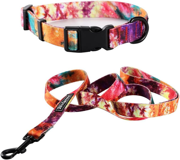 Dog Collar and Leash Set - Rainbow Stripes Tie Dye for XSmall, Small, Medium, and Large Dogs, S(9.9''-11.8'')