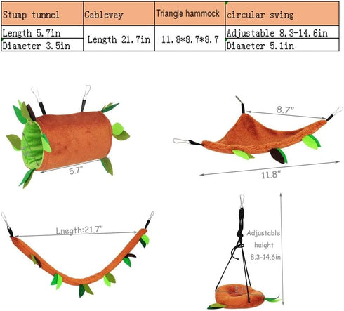 Hamiledyi 5PCS Hanging Bed & Hideout Set - Cotton Hamster Hammock, Tunnel, Swing Accessories for Dwarf Hamster, Rat,