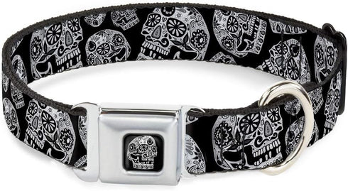 Buckle-Down Dog Collar Seatbelt Buckle The Dust of Living II, Sugar Skulls Black White, 9 to 15 Inches, 1.0 Inch Wide