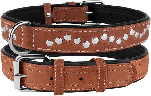 CollarDirect Studded Dog Collar - Leather Pet Collars for Dogs - Soft Padded - Brown Black (Brown, Neck fit 17" - 19")