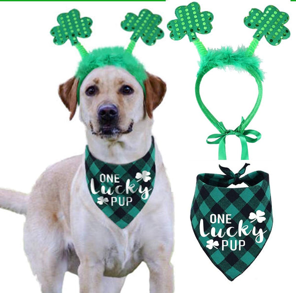 St Patricks Day Dog Costume - Green Shamrock Headband and Buffalo Plaid Pet Bandana
