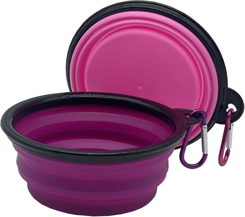 Small Collapsible Dog Bowl, 12oz, 2 Pack Portable and Foldable Pet Travel Bowls with 2 Carabiners & Lids (Purple+Pink)