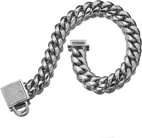 Pet Dog Collar - Top Stainless Steel Training Collar, 14mm Silver Tone Cuban Curb Chain, with White Zirconia Lock (22in)