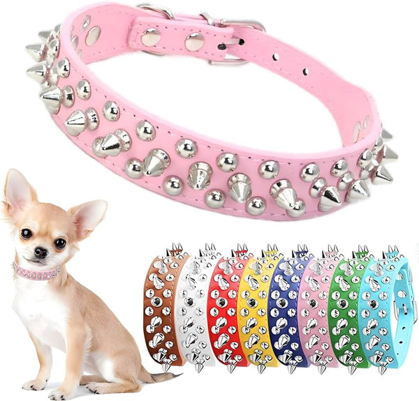 Spiked Dog Collar for Small Dogs, Soft PU Leather Spike Puppy Collar for Kittens, Small Medium Pets (Pink S)