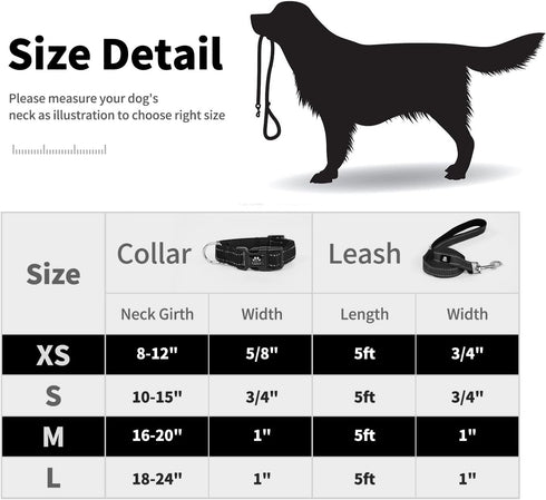 IVY&LANE Reflective Dog Collar and Leash Set - Adjustable Neoprene Padded Collars for Puppy, 5FT Nylon Leash (Medium,