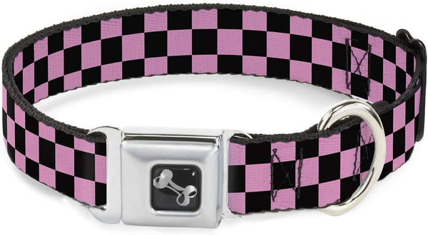 Buckle-Down Checker Black/Baby Pink Dog Collar, Bone, Wide Medium, Fits 16-23"