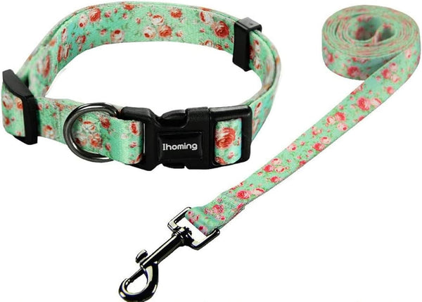 Ihoming Dog Collar and Leash Set, Floral GreenLake Design for Large Dogs Cats, Daily Outdoor Walking Training, L-Up to