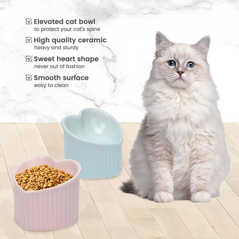 Heart Shaper Ceramic Elevated Cat Bowls, Anti Vomit Raised Cat Bowls, Microwave Safe Pet Accessories for Small Cats