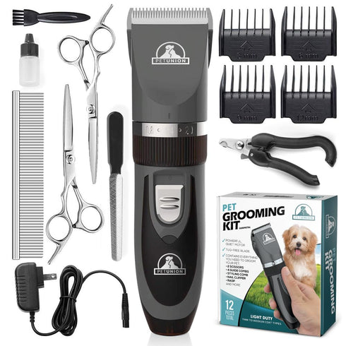 Pet Union Professional Dog Grooming Kit - Cordless Low Noise Clippers for Thick Coats, Includes Nail Trimmer & Shears