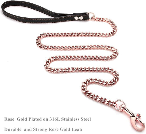 Rose Gold Dog Leash, 11mm Cuban Link Chain with Durable Stainless Steel Metal & Leather Handle, 3FT/4FT/5FT