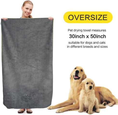 KinHwa Dog Towel, Super Absorbent Microfiber Drying Towel for All Dogs and Cats, 30inch x 50inch Gray with Embroidered
