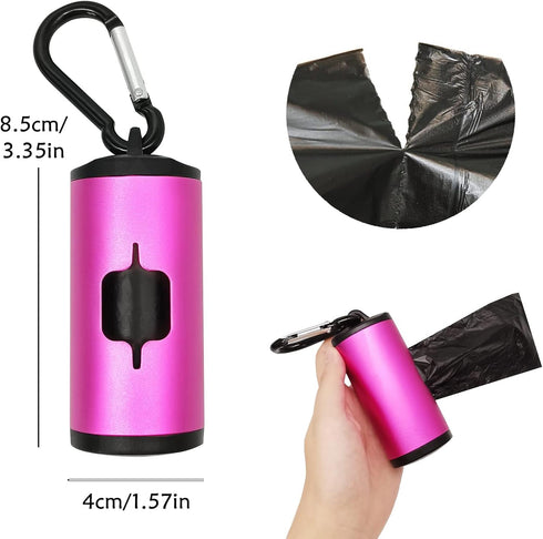 Aluminum Dog Poop Bags Holder with Carabiner, Metal Pet Waste Bags Dispenser with Hook and Loop Fastener, Elastic Cord