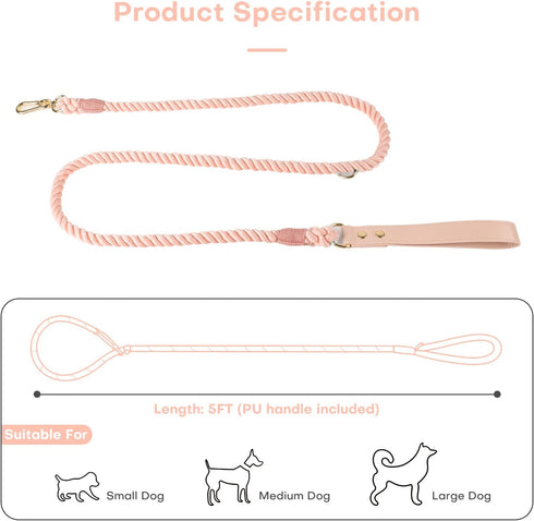 5FT Ombre Cotton Dog Leash - Heavy Duty Braided Training Leash with Comfortable PU Leather Handle for Small, Medium &