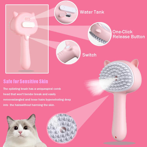 Cat Steam Brush - 3 in 1 Grooming Tool for Shedding with Water Tank, Self-Cleaning Comb for Cats & Dogs