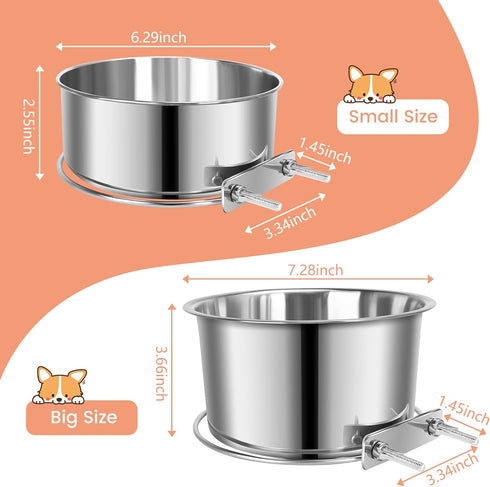 Pet Dog Food Water Bowl for Cage, Stainless Steel Non-Spill Kennel Hanging Cats Bowls with Clamp Holder Crate Feeder Dish for Small Medium Large Dogs (Silver, L (84 & 44 OZ Slow Feeder))