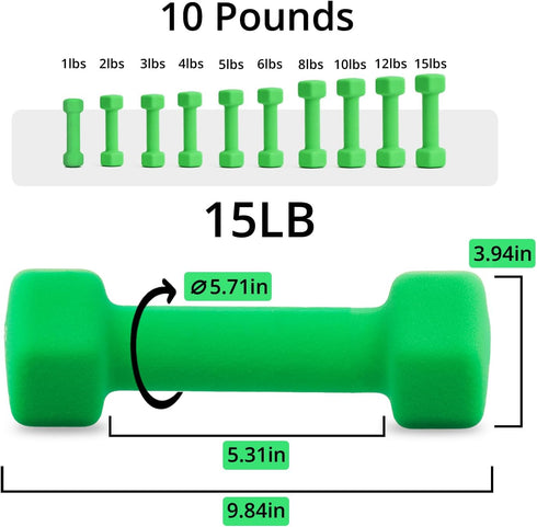 Portzon Weights Dumbbells - 10 Color Options, Set of 2 Neoprene Dumbbells, 1-15 LB, Anti-Slip, Hex Shape