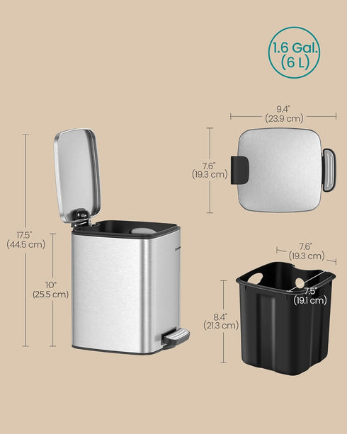 1.6-Gallon (6 ULTB590E02 SONGMICS Dog Poop Trash Can, L) Outdoor Garbage Can with Lid, Soft Close, Stainless Steel