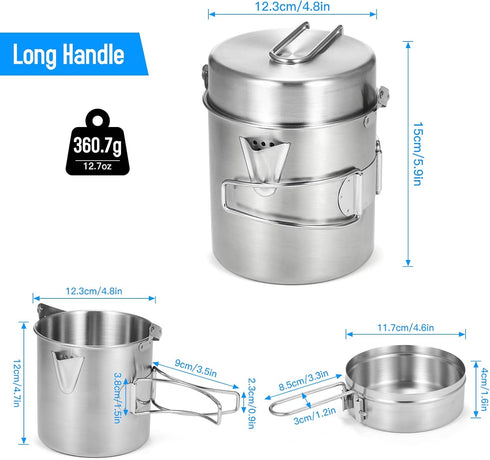 Lixada Camping Cooking Kettle 1L - Stainless Steel Pot with Foldable Handle for Hiking Backpacking Picnic