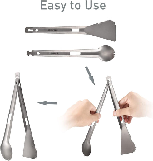 HUIOP Titanium Tongs, Multi-Purpose BBQ Serving Tongs with Spork and Serrated Spatula for Camping and Cooking