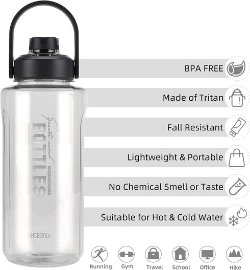 Half Gallon/64oz Water Bottle With Handle, Leak Proof with Removable Strainer, BPA Free Fitness 2L Sports Jug (Grey)