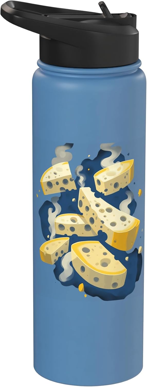 Whimsical Cartoon Cheese Design For Enthusiasts Floating Swiss Cheese Illustration For Food Lovers Stainless Steel Insulated Water Bottle