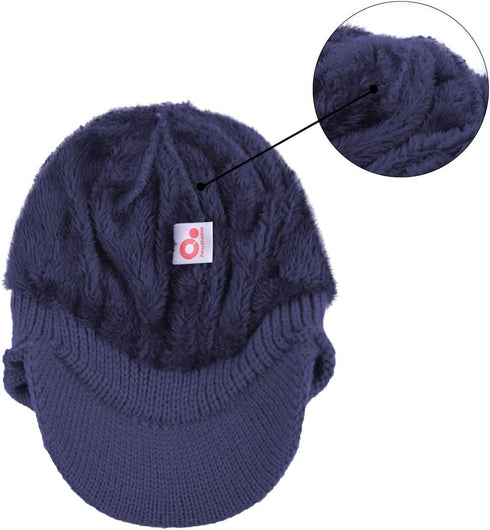 Winter Ear Warmer Billed Visor Beanie with Ear Flaps, Knitted Brimmed Trapper Hat
