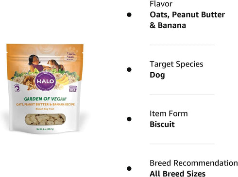 Halo Plant-Based Dog Treats, Peanut Butter & Banana, Vegan Pouch, 8oz