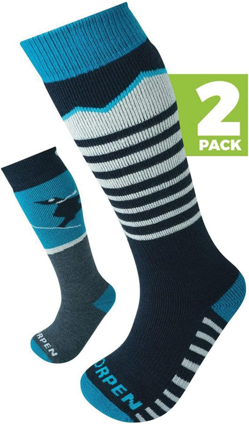 Kid's T1 Merino Ski Eco Sock, Eco-Friendly, Ultra Thick, Fully Cushioned, 2 Pack, Blue, Size Small