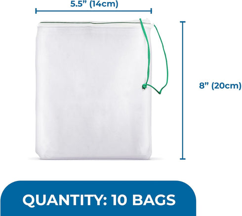 SunGrow Media Filter Bags, 10 White Mesh Nylon Pouch with Green String for Aquarium Media, 8 x 5.5 Inches