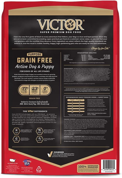 Victor Super Premium Grain Free Dog Food – Active Dog & Puppy, 33% Protein, Gluten Free, 15lbs