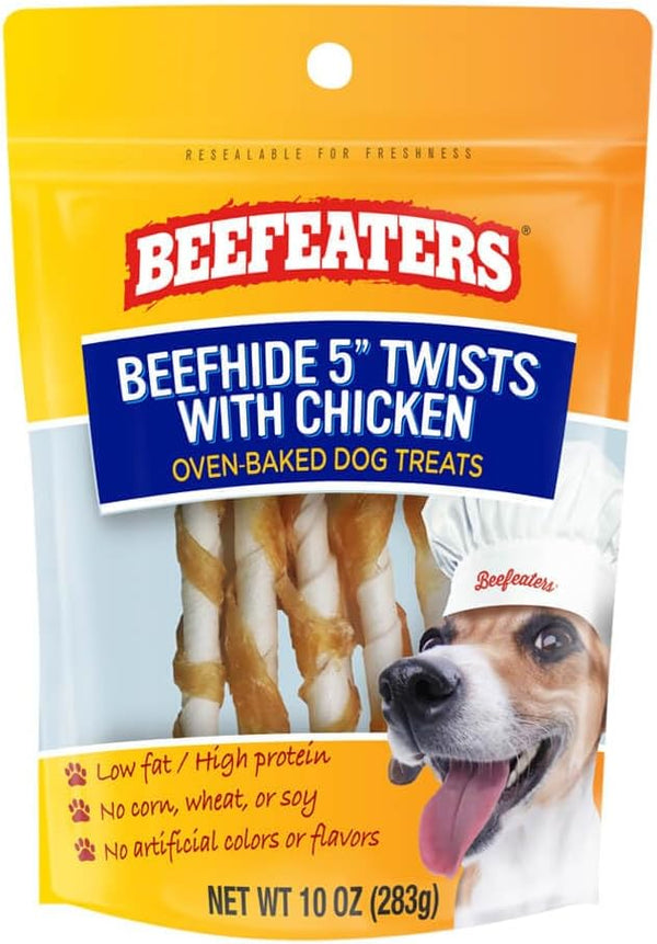 Beefeaters Beefhide 5in Twist with Chicken Dog Treats, 10 oz, High Protein, Low Fat, Promotes Clean Teeth