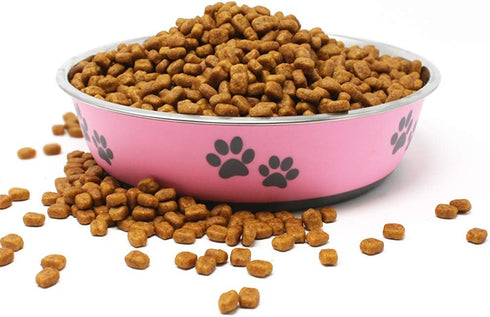 Fuzzy Puppy Food Bowl & Water Bowl, Designer Series, Paw Print Detail, Stainless Steel & Pink, 52 oz