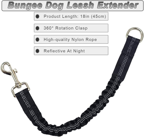 Short Dog Leash Extender, 18 in Bungee Shock Absorbing, Nylon Multifunctional Dog Leash for Medium Large Dogs Walking Training Running (black)