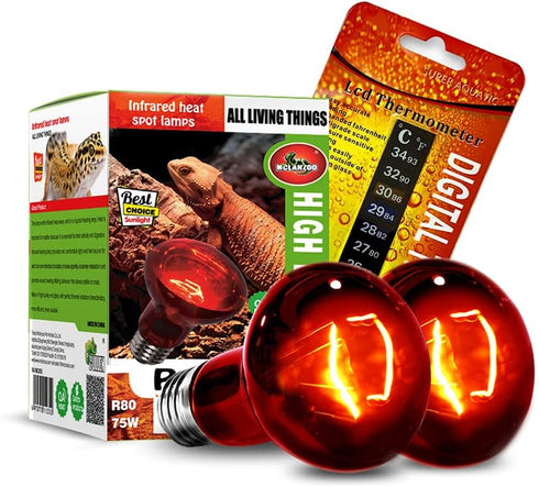 Infrared Heat Lamp Bulbs 75W 2 Pack - Red Basking Spot Light Bulb for Reptiles like Bearded Dragon, Turtle, Snake, with